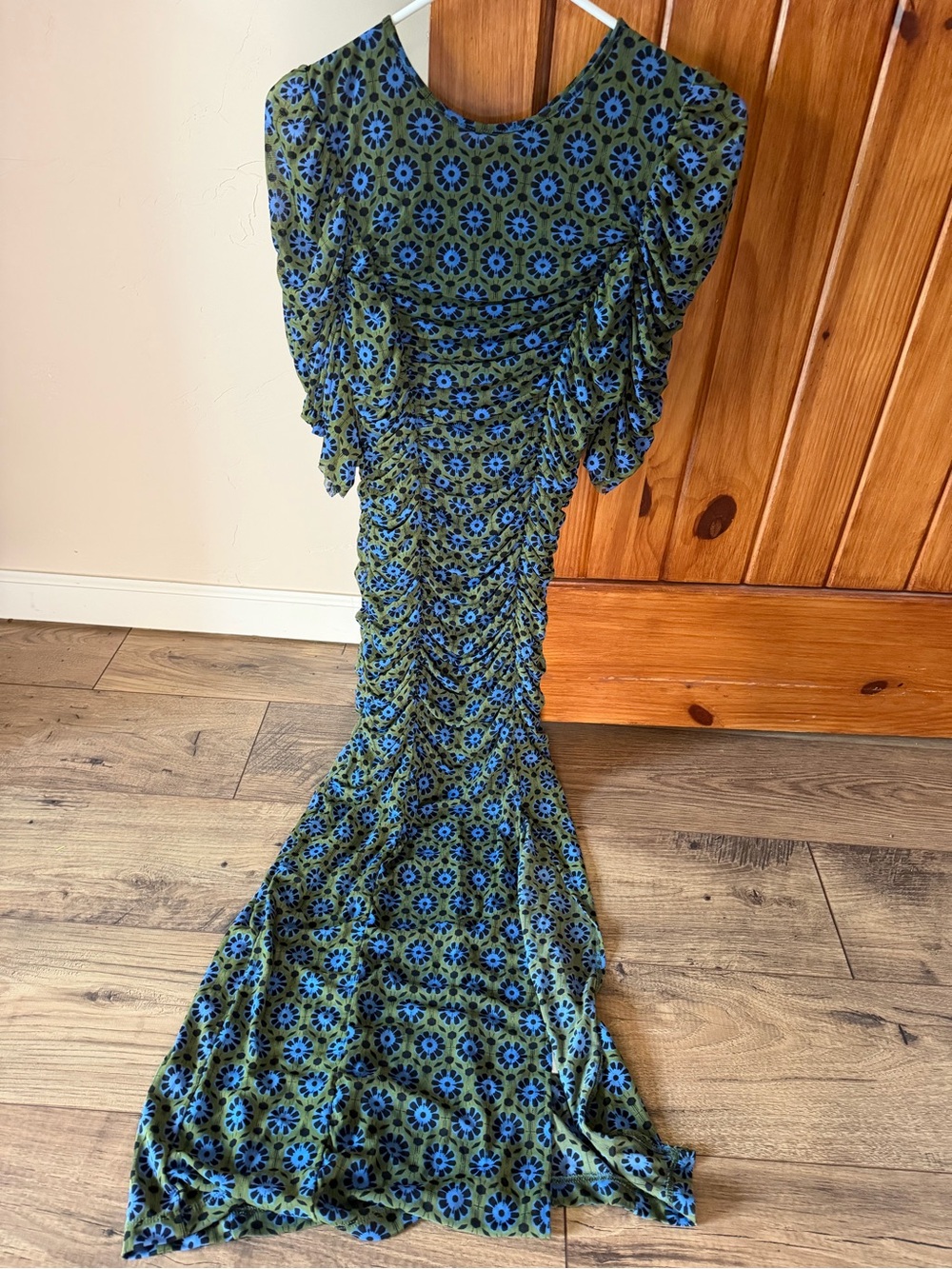 Free People Viper Mesh Midi Dress Green blue Floral Ruched Bodycon Size Small